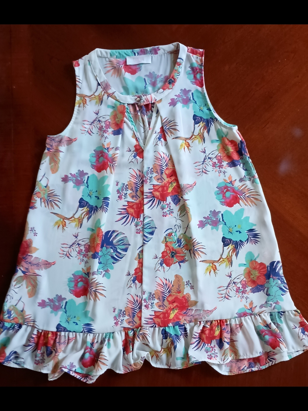 Peach Love California Floral Keyhole Top - Aqua, Coral, Purple